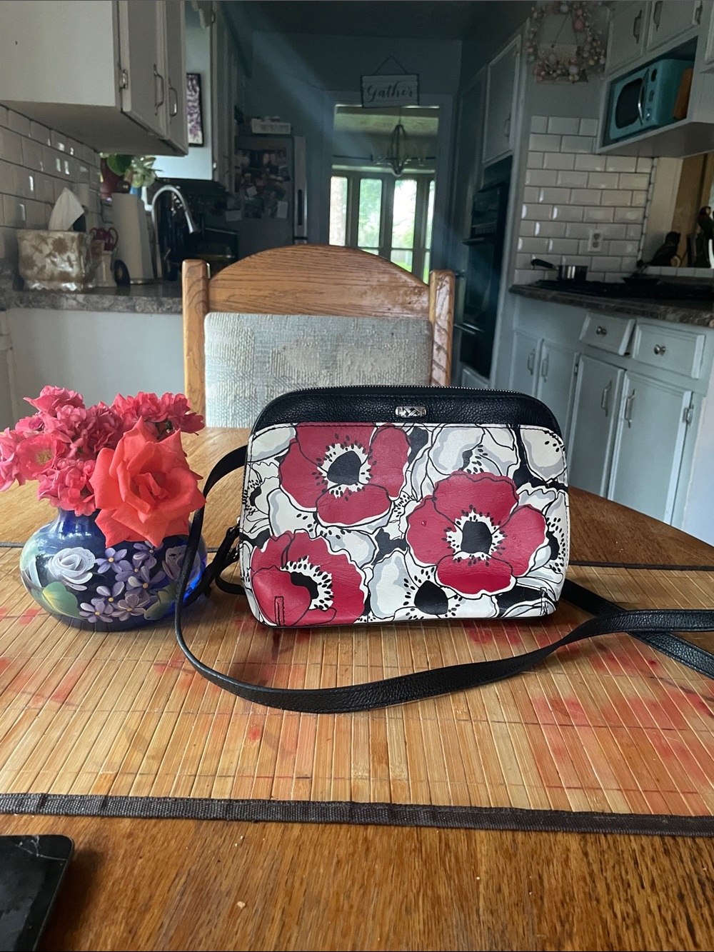 Brighton Red Leather Floral Print Crossbody with Black Trim